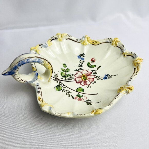Italian Hand-Painted Vintage Ceramic Dish with Handle - Floral Design, Scalloped - Picture 3 of 10